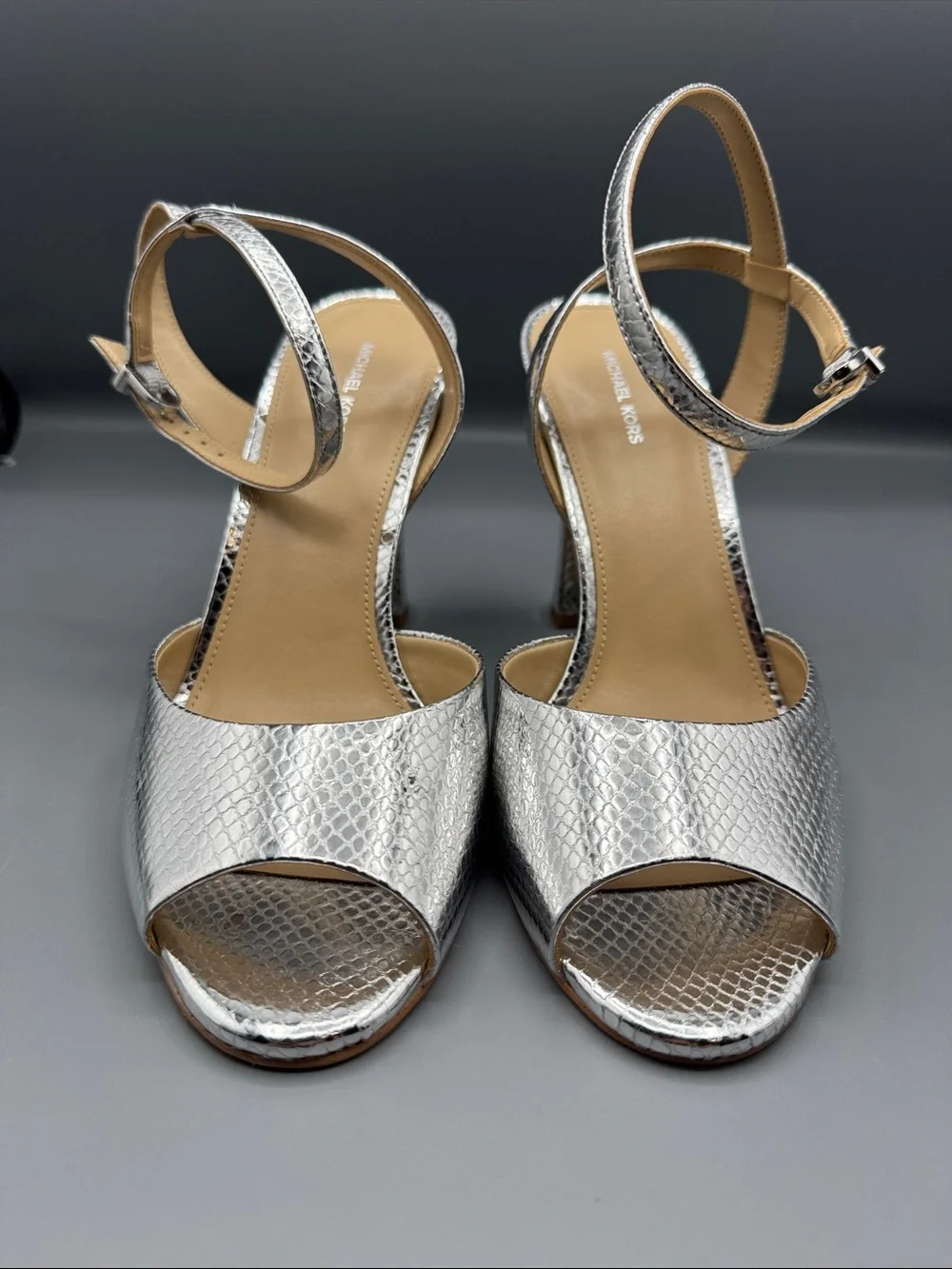 MICHAEL MICHAEL KORS Rosie Metallic Snake Embossed Leather Sandal